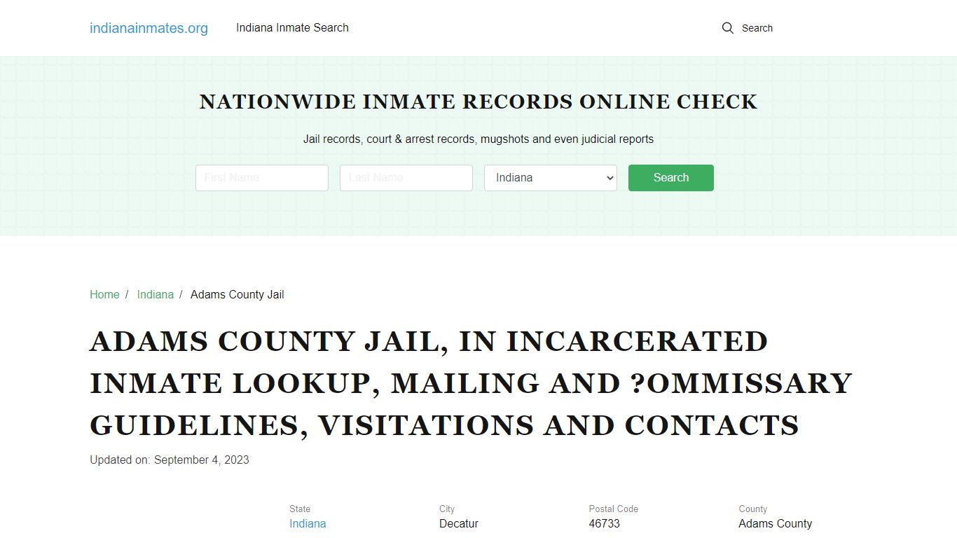 Adams County Jail, IN: Offender Locator, Visitation & Contact Info